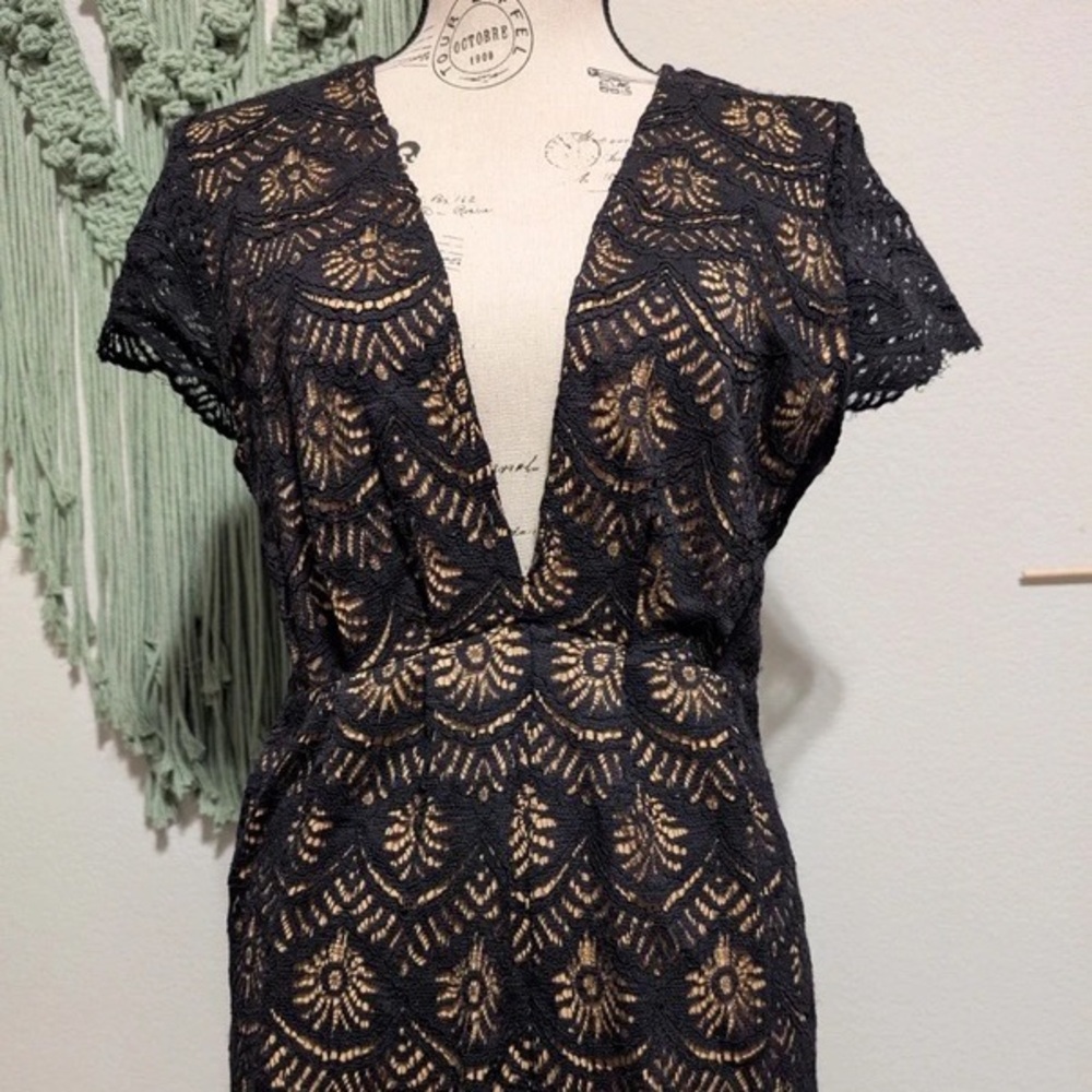 Black Lace V-Neck Romper with Nude Lining
